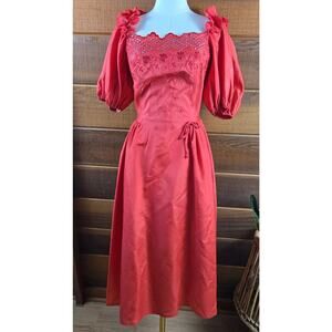 Womens Vintage Red Satin Puff Sleeve Midi Dress M Embroidered Fairy Romantic